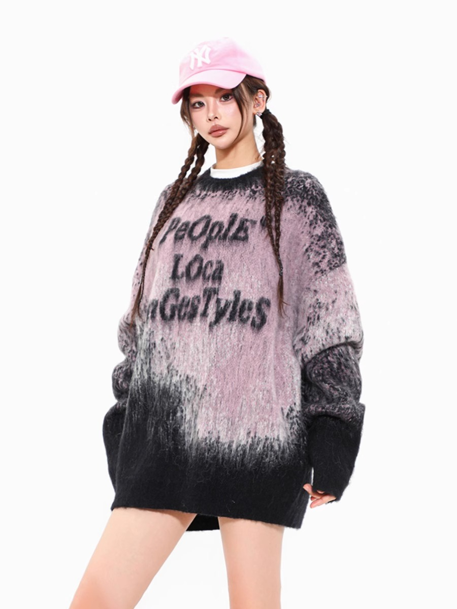 美式復古漸變高級感馬海毛毛衣女秋冬潮牌嘻哈情侶慵懶針織衫上衣