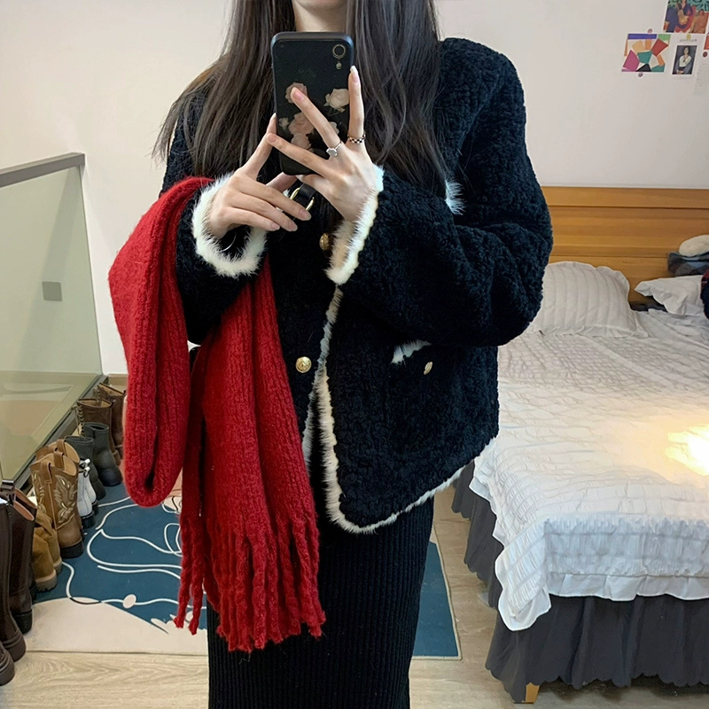 Xiaoxiangfeng Jacket Women's 2023 Autumn and Winter New Lamb Plush Fur One-piece Thickened Black Fur Top Short Style