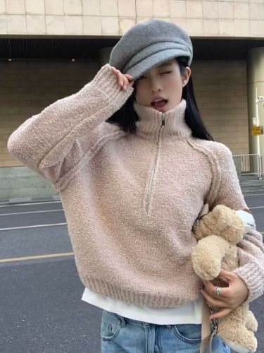 Actual shot~Loose and lazy style pullover lapel sweater zippered long-sleeved thickened sweater jacket