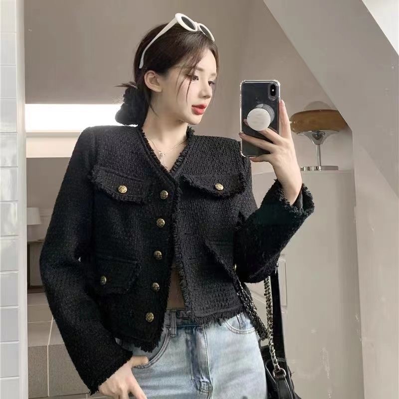 Western black small fragrant style jacket 2023 autumn and winter long-sleeved fringed lady style loose versatile cardigan short coat for women