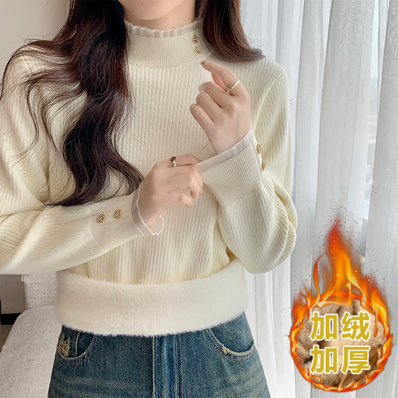 實拍一體水貂絨蕾絲拼接針織打底衫女秋冬半高領加絨法式上衣
