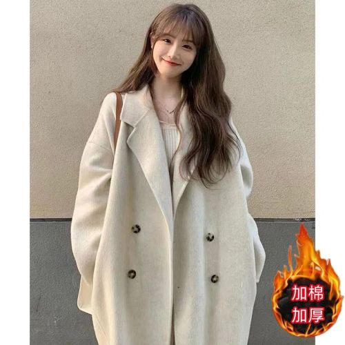 Women's long woolen coat  autumn and winter high-end Korean style Hepburn style woolen coat thickened