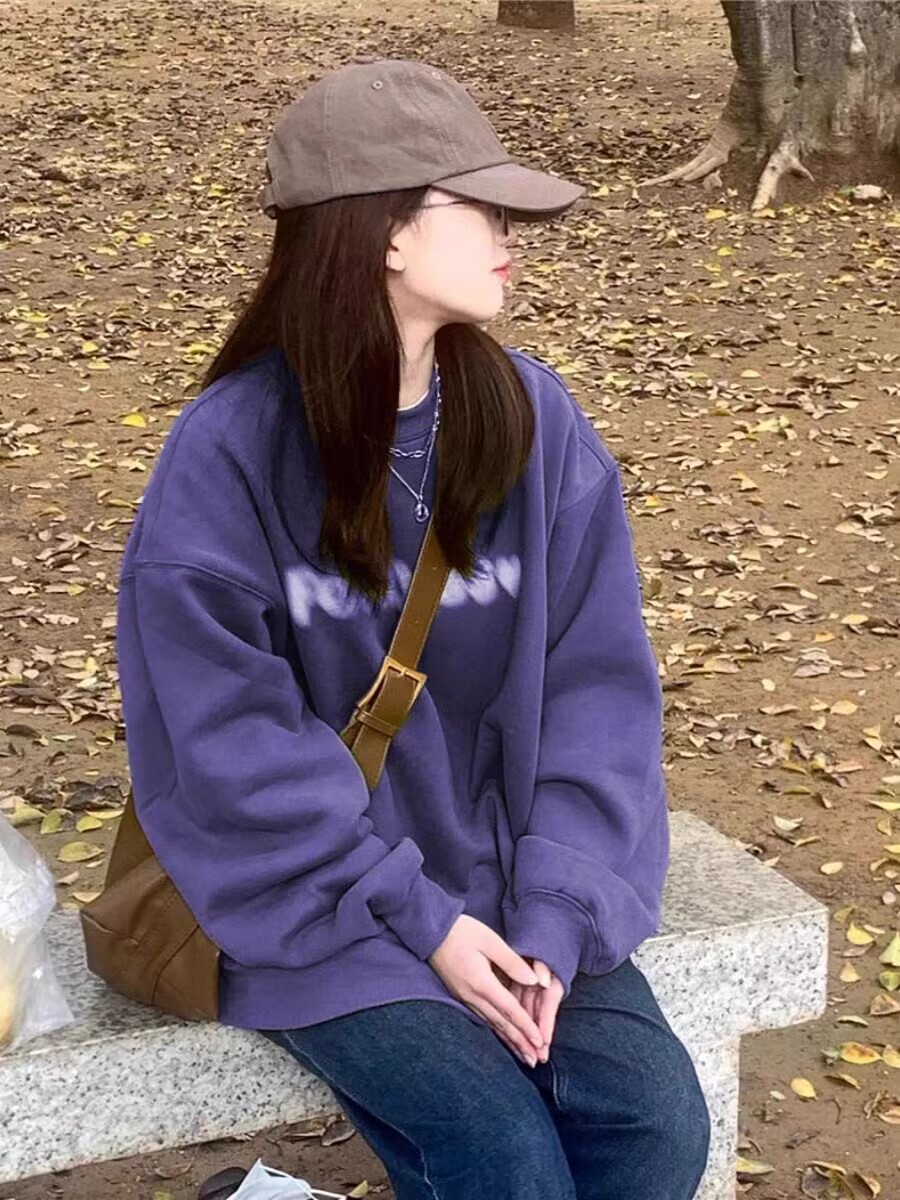美式復古圓領紫色衛衣女秋冬季oversize潮牌加厚重磅無帽長袖上衣