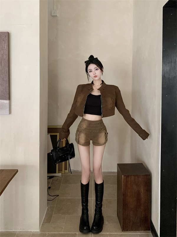 實拍 開衫拉鏈牛仔外套+高腰拼接風琴袋牛仔短褲兩件套裝女