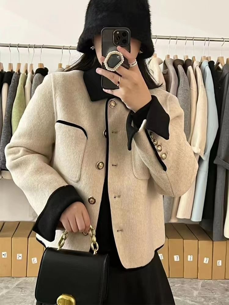 Double-sided woolen coat, women's short coat, celebrity small fragrant style coat, contrasting color spring and autumn new Korean version for small people