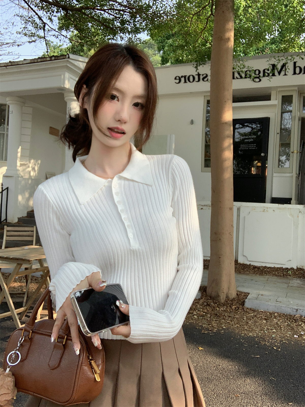 實拍 秋冬韓版修身氣質polo領紐扣顯瘦內搭針織打底衫毛衣女