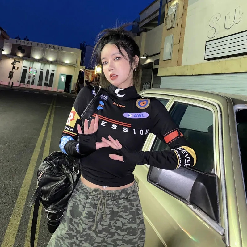 長袖t恤女機車印花高領打底衫上衣