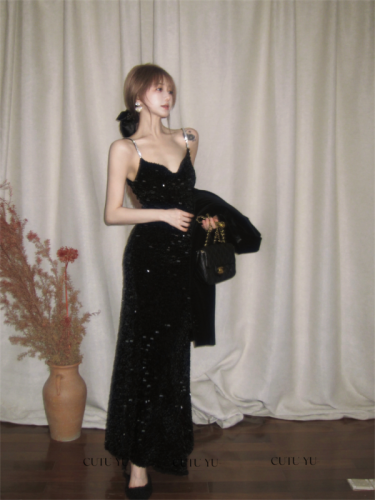 Real shot French suspender dress velvet fishtail temperament black sequin evening dress autumn and winter base