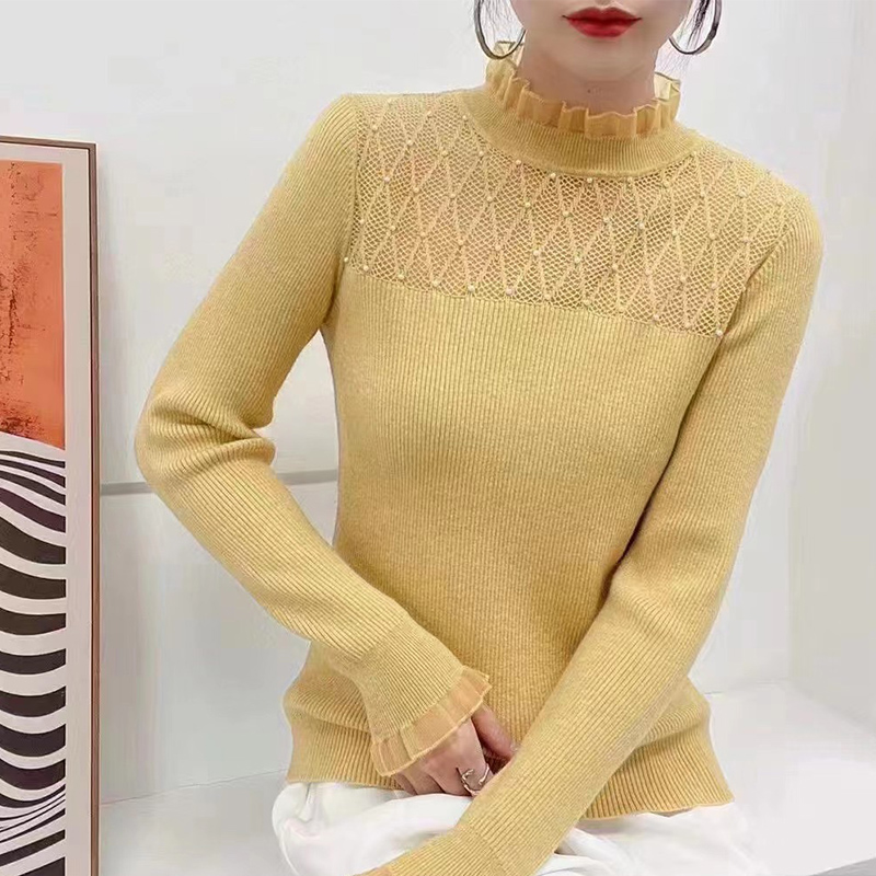 質檢官圖秋季新款韓版高級感半高領鏤空珍珠百搭長袖上衣女