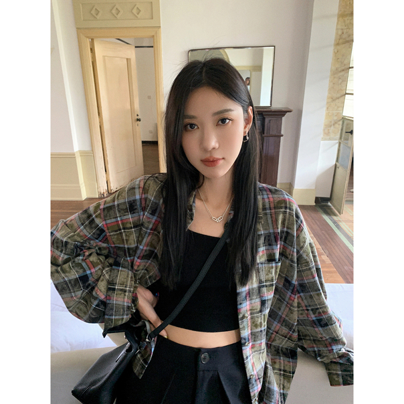 Zhang Beibei ibell100 cotton loose retro long-sleeved top women's early spring design slim tie-dye plaid shirt