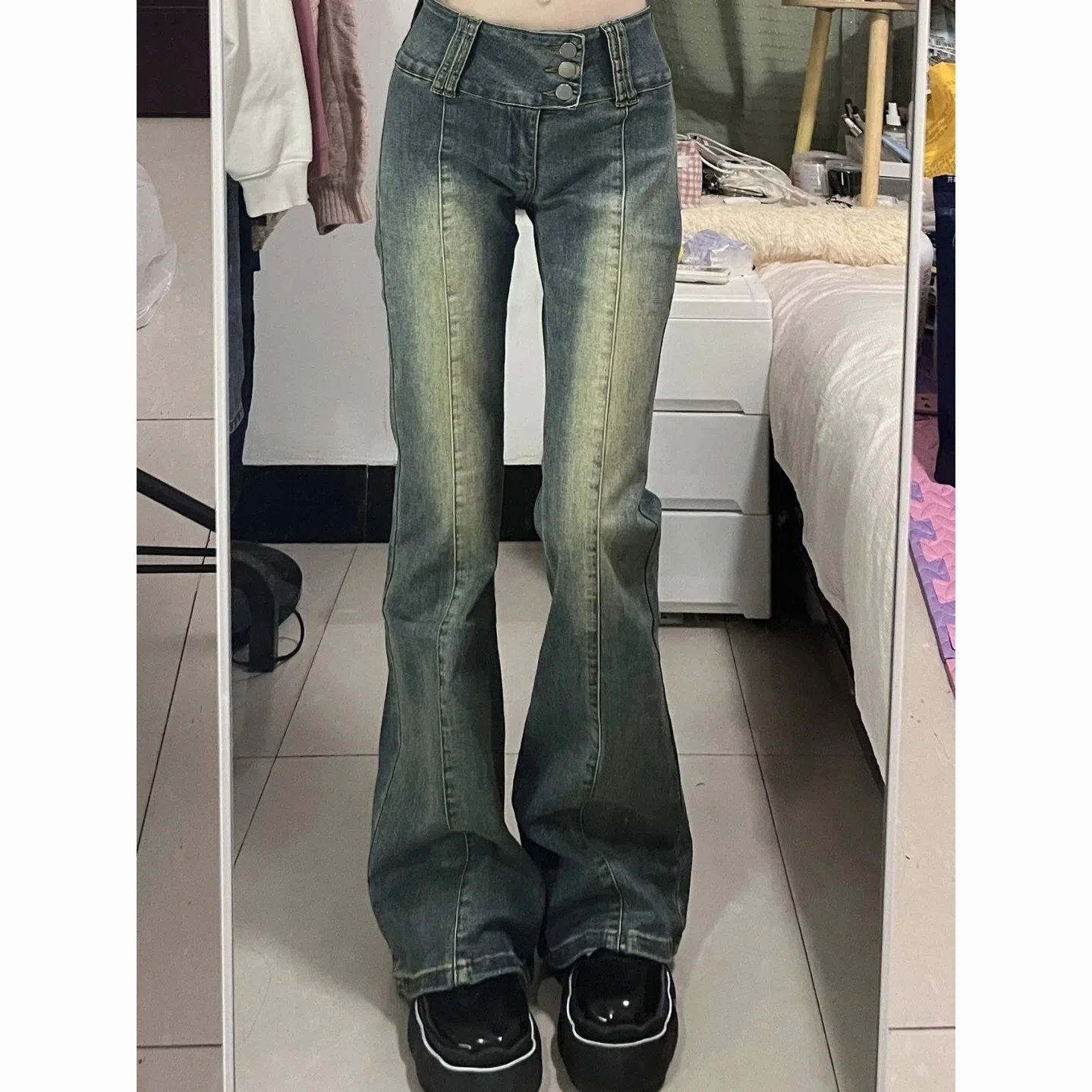 微喇牛仔褲女美式復古設計感小眾做舊百搭修身直筒闊腿長褲子潮風