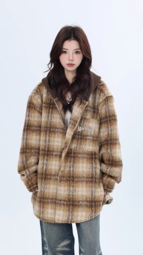 American retro woolen coat for women autumn and winter high-end plaid splicing hooded casual loose top ins