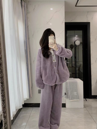 艾尚 紫色蕾丝绒2023年ins网红风珊瑚绒睡衣女加绒加厚家居服套装