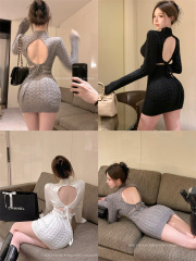 Live shot sexy backless slimming half high neck knitwear undergarment skirt with a full skirt dress 