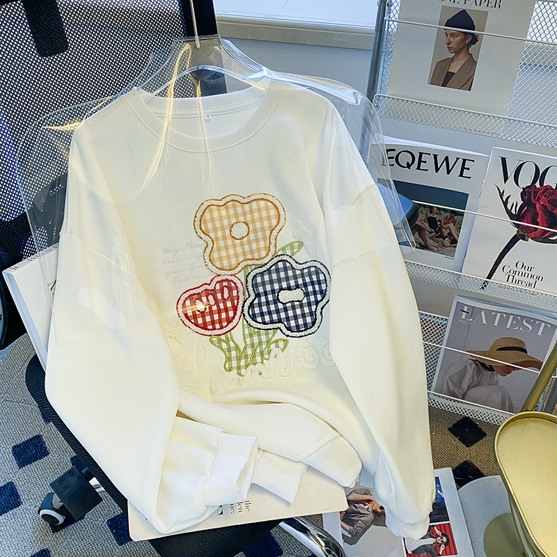 實拍 衛衣女秋冬加絨加厚刺繡圓領上衣大碼女裝