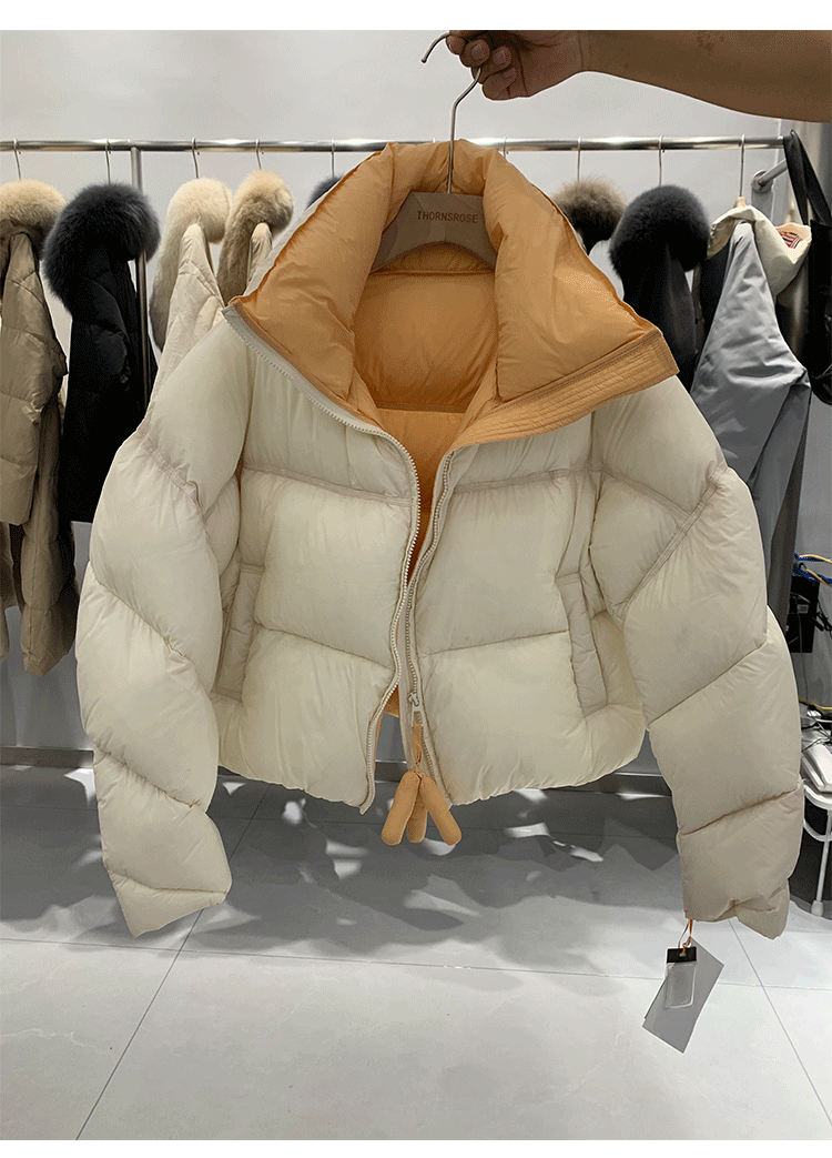 Puff stand collar women's short cotton jacket 2023 autumn and winter fashion new contrast color thickened puffer jacket