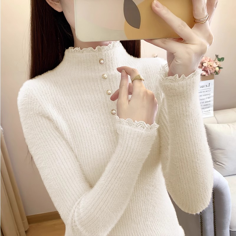 水貂絨毛衣女軟糯針織衫秋冬蕾絲邊時尚百搭上衣韓版減齡打底高檔