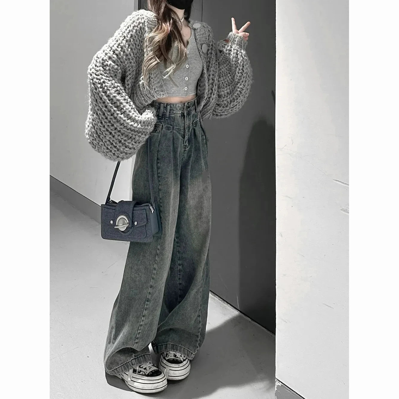 2024春季新款做舊復古牛仔褲女百搭垂感寬鬆高腰直筒顯瘦闊腿褲子