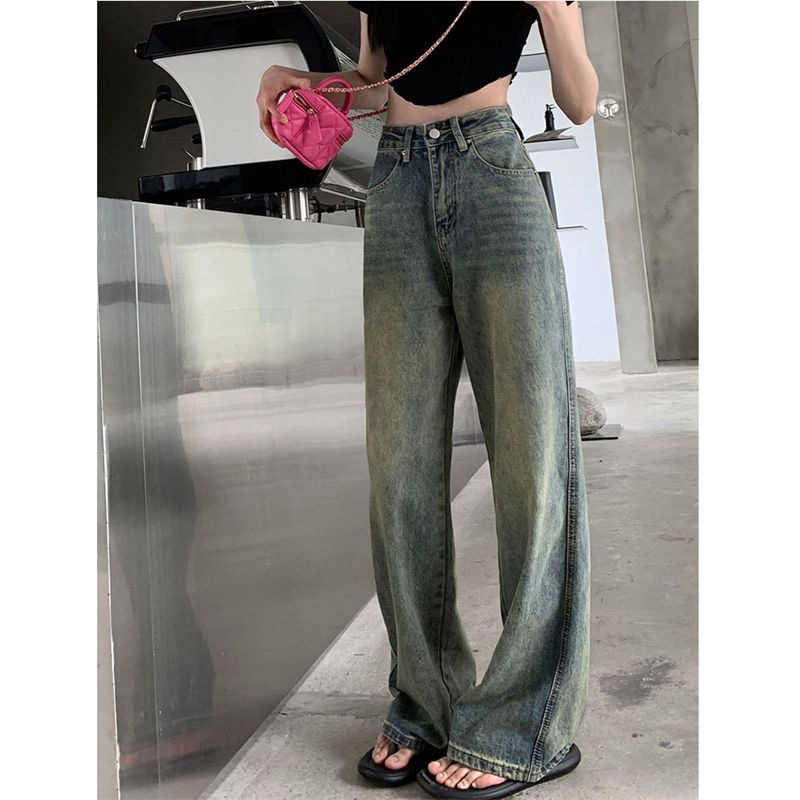 高腰牛仔褲女秋季2023新款韓版復古寬鬆顯瘦百搭闊腿拖地褲子