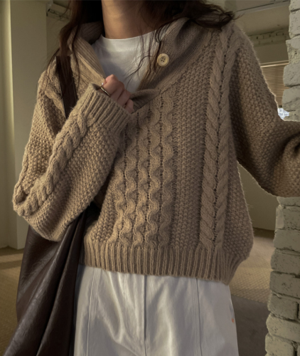 韩国chic 冬日 设计感  气质翻领 麻花毛衣外套