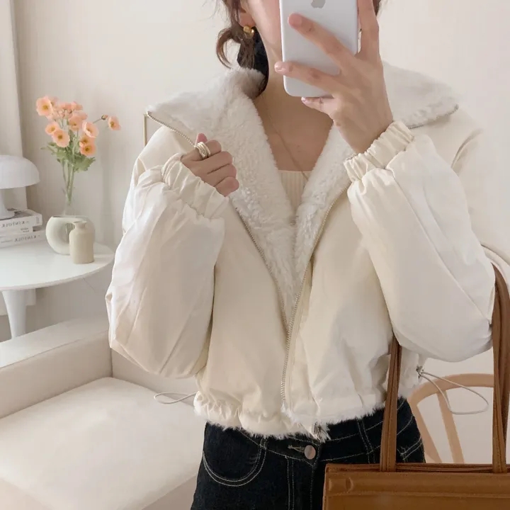 chic 韓版秋冬簡約時尚正反面兩穿拉鏈羊羔毛百搭短款夾克外套