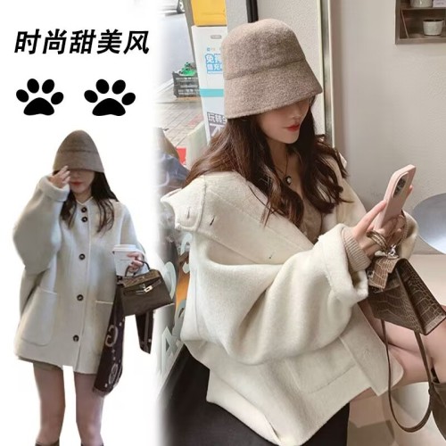 Xiaoxiangfeng rose pink cloak woolen coat for women autumn and winter 2023 new hooded double-sided woolen coat