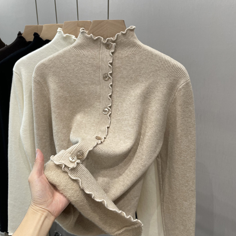 毛衣女加厚冬加絨2023新款半高領打底衫內搭洋氣木耳邊一體絨上衣