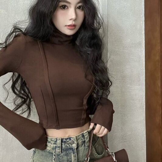 德絨辣妹咖色內搭德絨長袖T恤女秋冬2023新款設計感高領短款