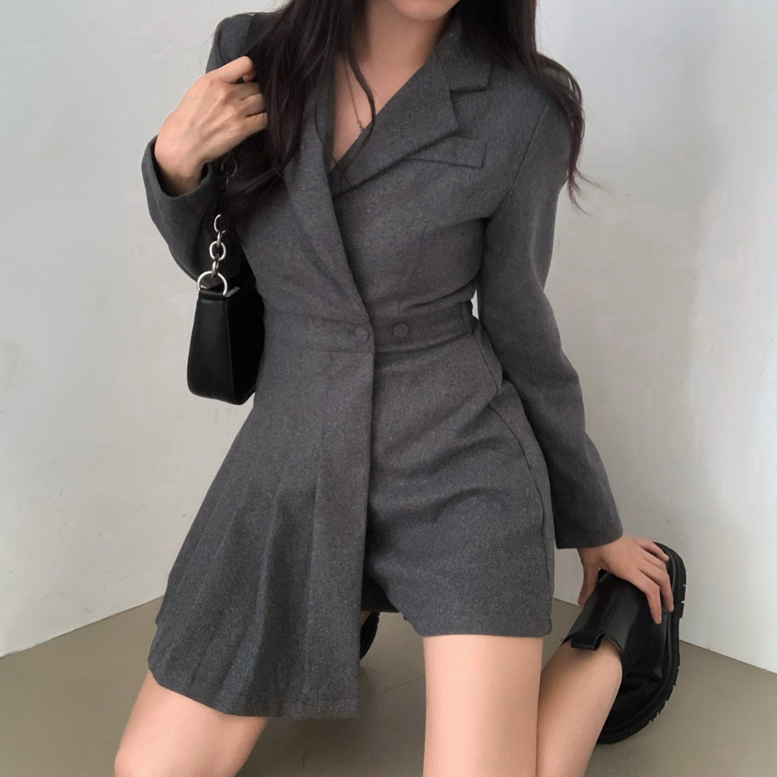 韓國chic法式復古氣質西裝領一片式長袖百褶連體短褲褲裙