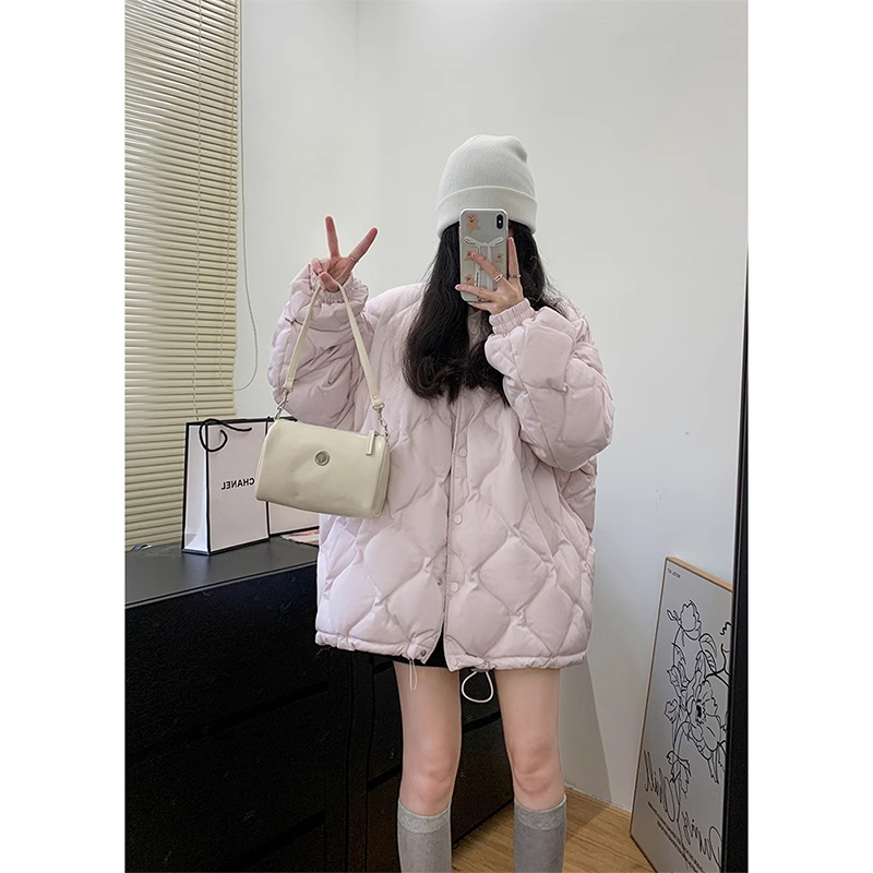 Lined winter thin and lazy style rhombus cotton coat for women loose baseball collar coat for women