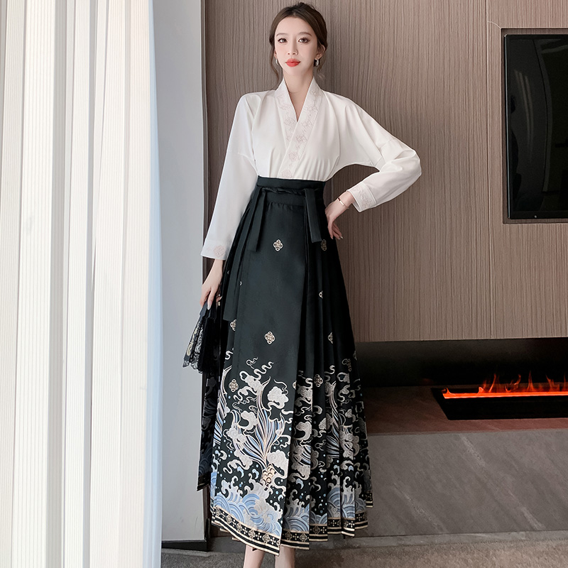 實拍新中式國風黑色仿妝花馬面裙秋冬滄海日常明制漢服女2023新款