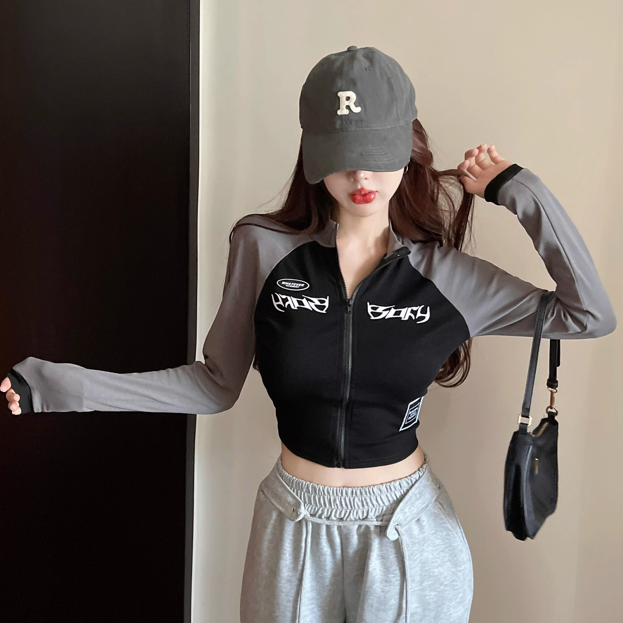 天貓質量 辣妹T恤女ins潮短款撞色拉鏈緊身顯瘦長袖打底衫上衣