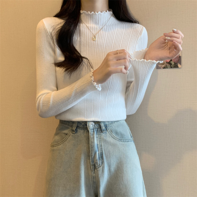 實拍 秋冬韓版內搭半高領木耳邊打底衫小個子針織衫洋氣百搭