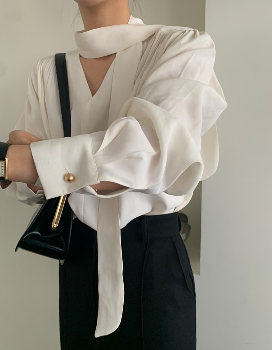 INS韓國東大門！設計感V領寬鬆百搭飄帶長袖襯衫慵懶襯衣女