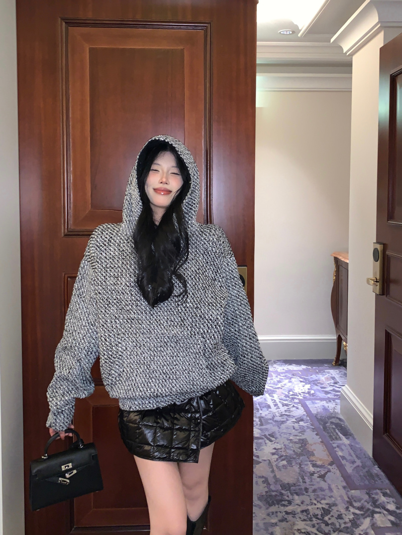 實拍~小香風編織加絨連帽外套衛衣寬鬆百搭休閒上衣
