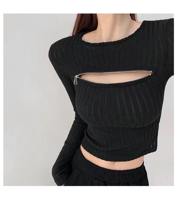 No need to explain, just ok~Sexy and scheming hollow zipper open-breasted bottoming shirt, slim long-sleeved sweater for women