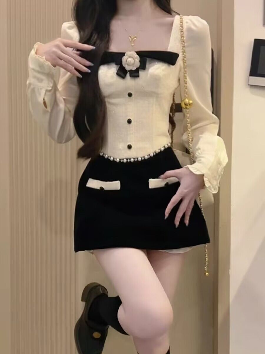小香風套裝女秋冬季高級感氣質長袖上衣半身短裙小個子穿搭一整套