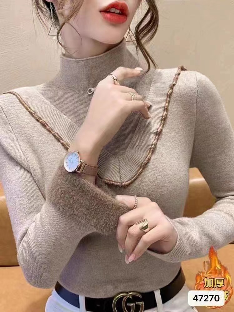 2023秋冬新款韓版高級感時髦半高領木耳邊一體絨長袖上衣女
