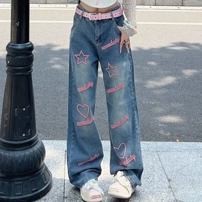 美式高街辣妹字母刺繡闊腿牛仔褲女秋季新款高腰寬鬆直筒拖地褲子