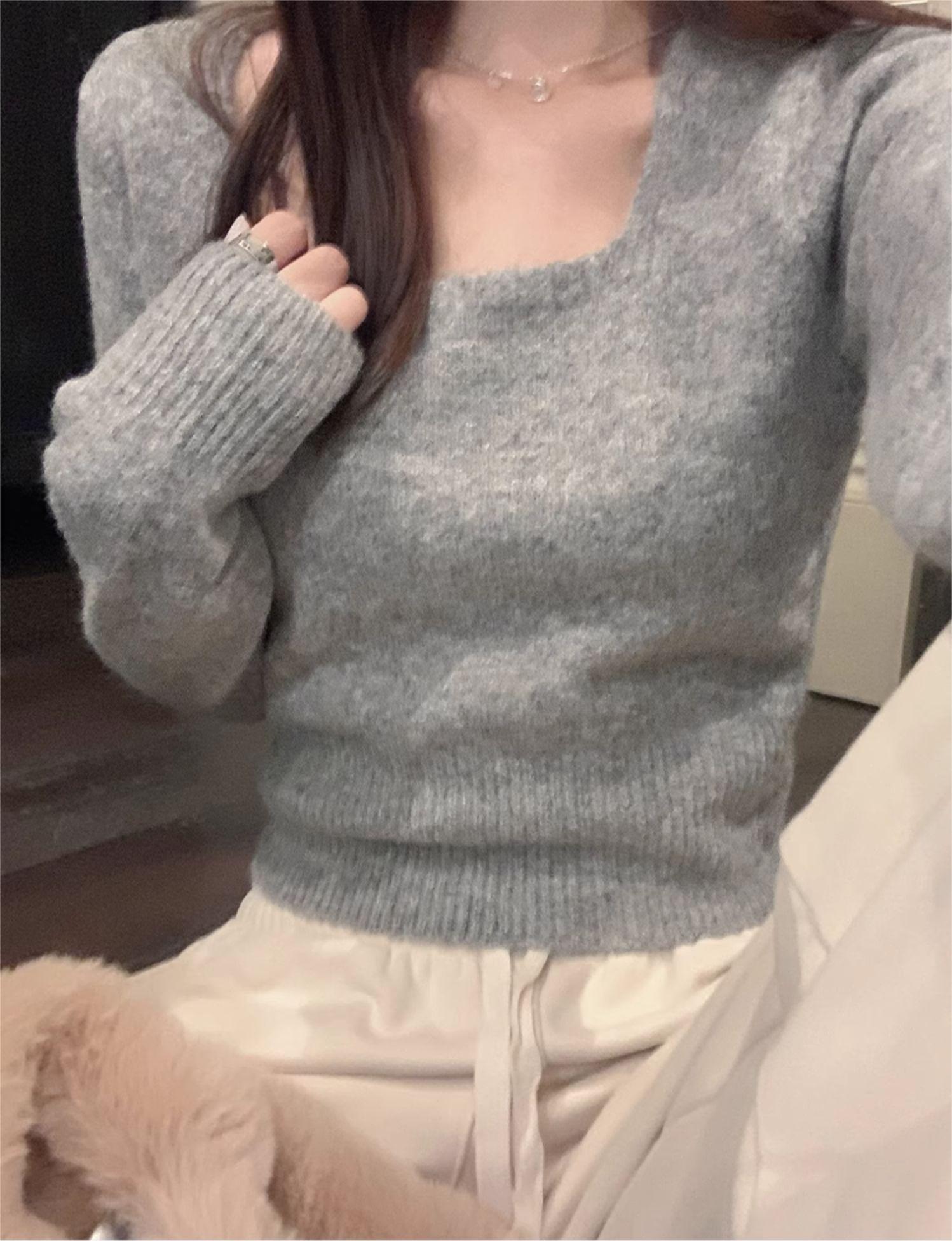 辣妹性感鎖骨方領套頭針織衫女秋冬修身加厚保暖毛衣打底內搭上衣