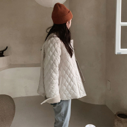 Wave plaid quilted cotton color block collar lambswool cotton coat for women  winter new small quilted lambswool cotton casual jacket