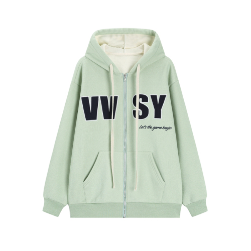 Actual shot of  new winter clothing Internet celebrity cream green hooded sweatshirt jacket plus velvet thick cardigan women's high street fashion brand
