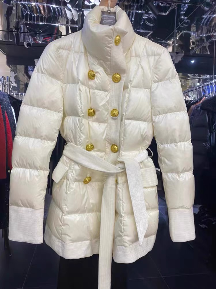 Down jacket women's winter new style small stand-up collar velvet splicing metal double-breasted waist warm down jacket