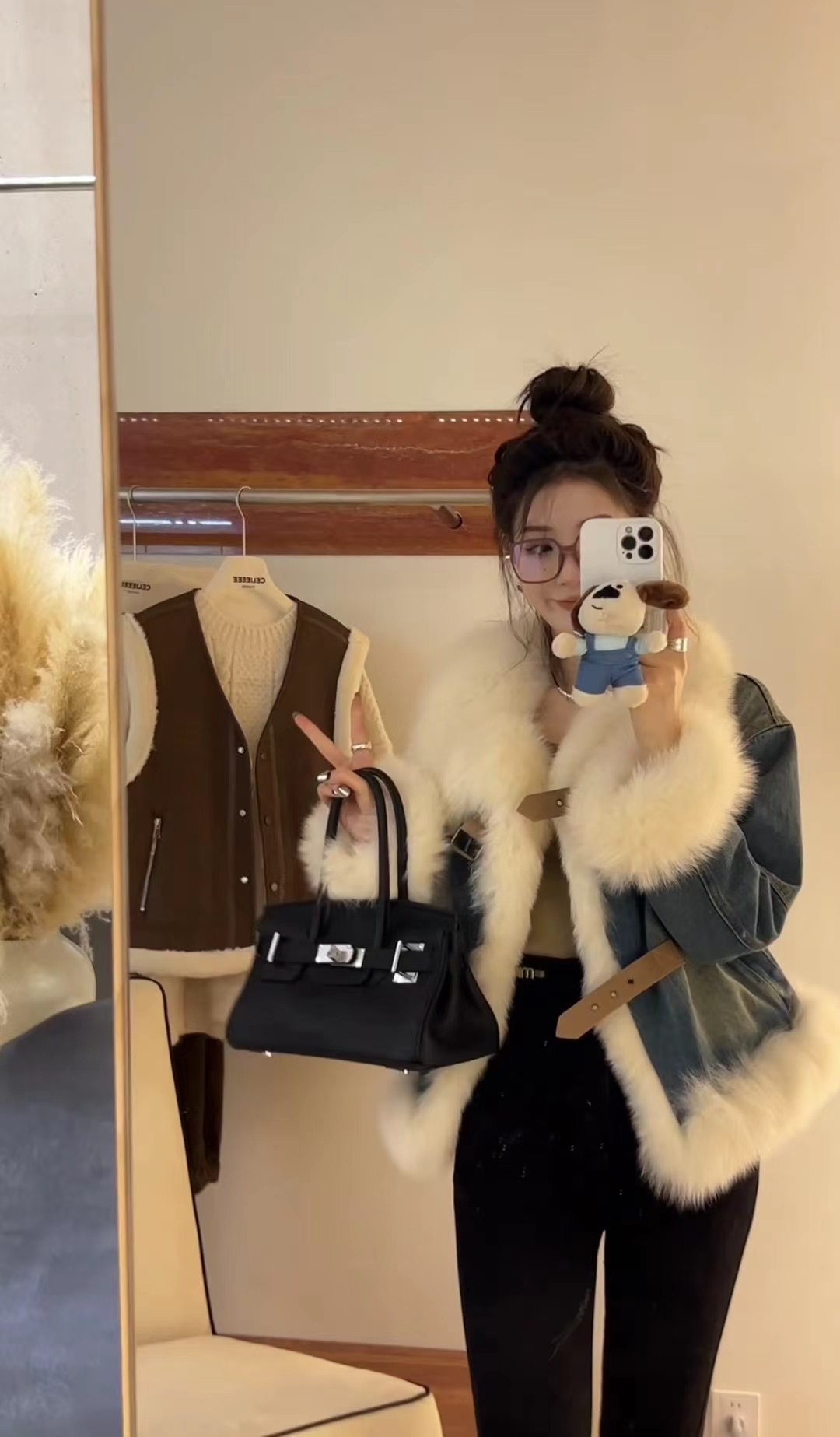Down lining street denim pie jacket short motorcycle imitation fox fur coat for women 2023 new style