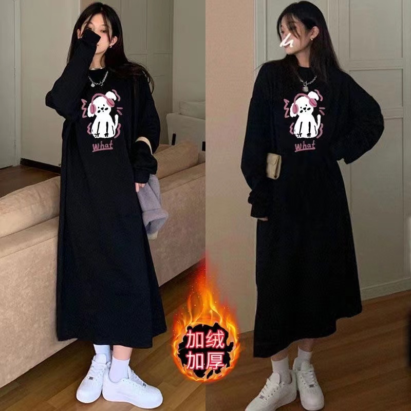 加絨保暖韓版衛衣女秋冬款長款T恤裙過膝連衣裙網紅洋氣學生ins潮
