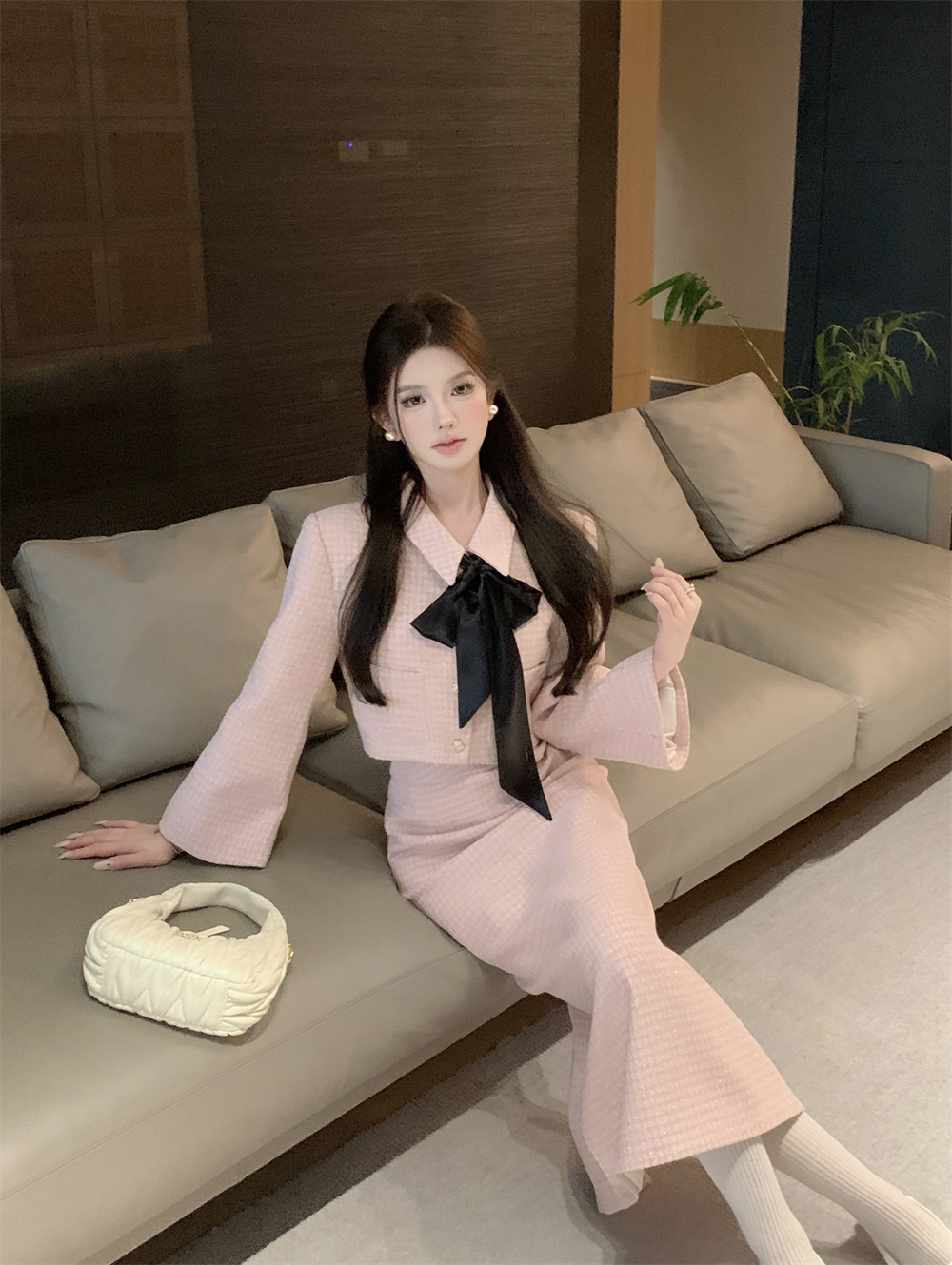 實拍 小香氣質名媛套裝優雅氣質顯瘦兩件套帶絲巾