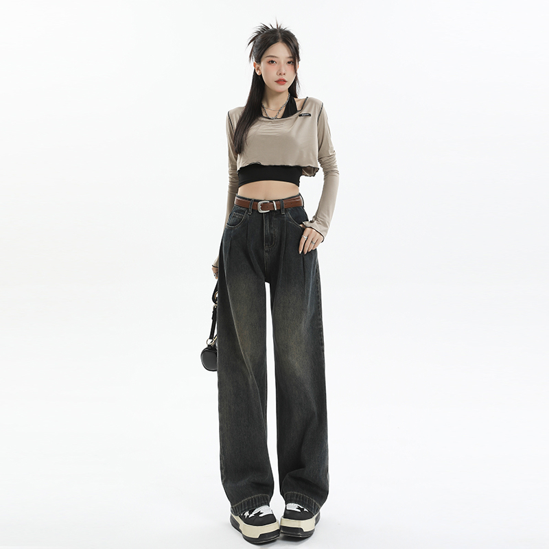 實拍2023秋季時尚寬鬆顯瘦高腰直筒闊腿牛仔褲女