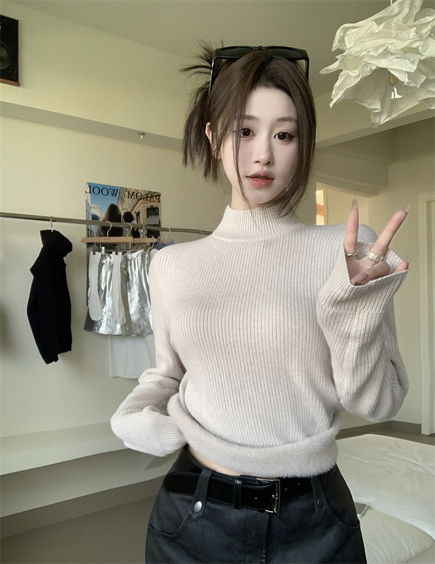 實拍秋冬新款半高領坑條加絨加厚針織毛衣打底衫