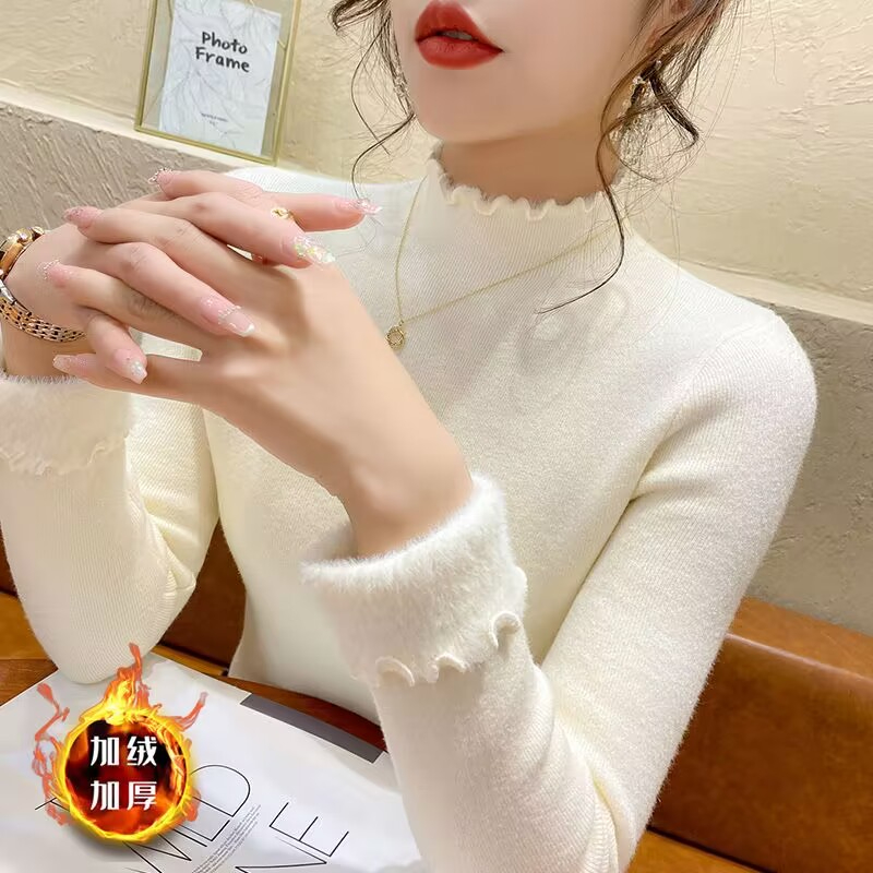 加絨加厚一體絨打底衫女秋冬新款木耳邊半高領保暖百搭T恤上衣潮