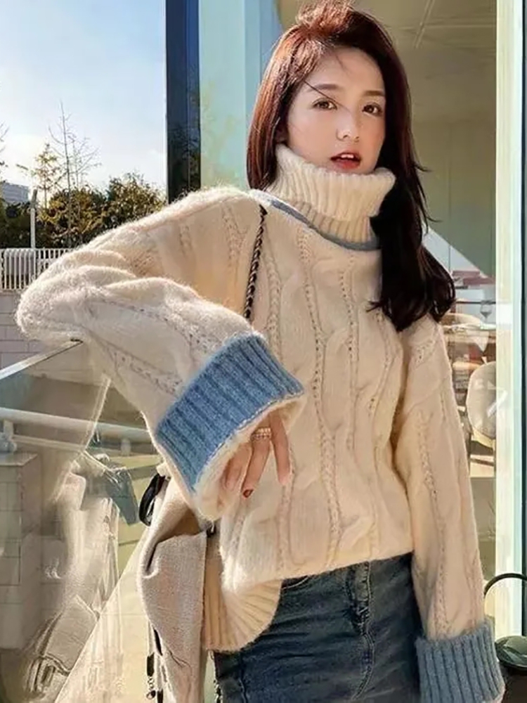 Turtleneck sweater for women in autumn and winter thickened outer wear 2023 new style gentle retro Japanese style lazy style loose knitted top